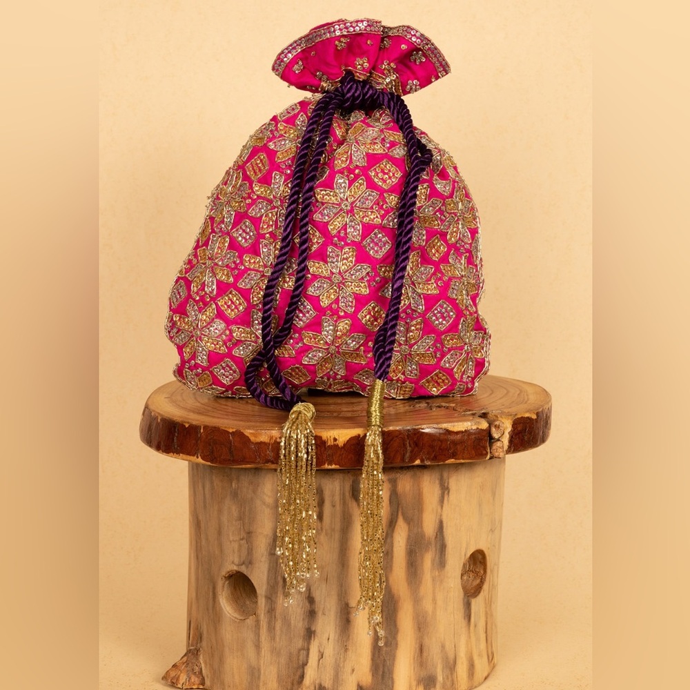 Pink Embroidery, Tassels Anjum Zardozi Potli bag